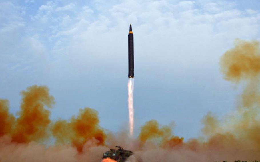 This image released by the Korean Central News Agency shows a North Korean missile launch on Sept. 15, 2017. 