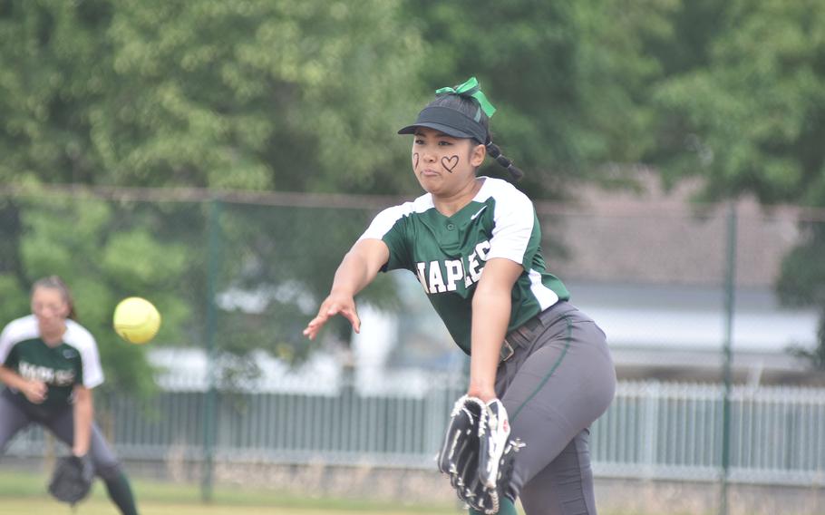 Naples pitcher Alexia Malaca sends a pitch toward home plate in the Wildcats' victory over Spangdahlem on Saturday, May 21, 2022, at the DODEA-Europe Division II/III softball championships in Kaiserslautern, Germany.