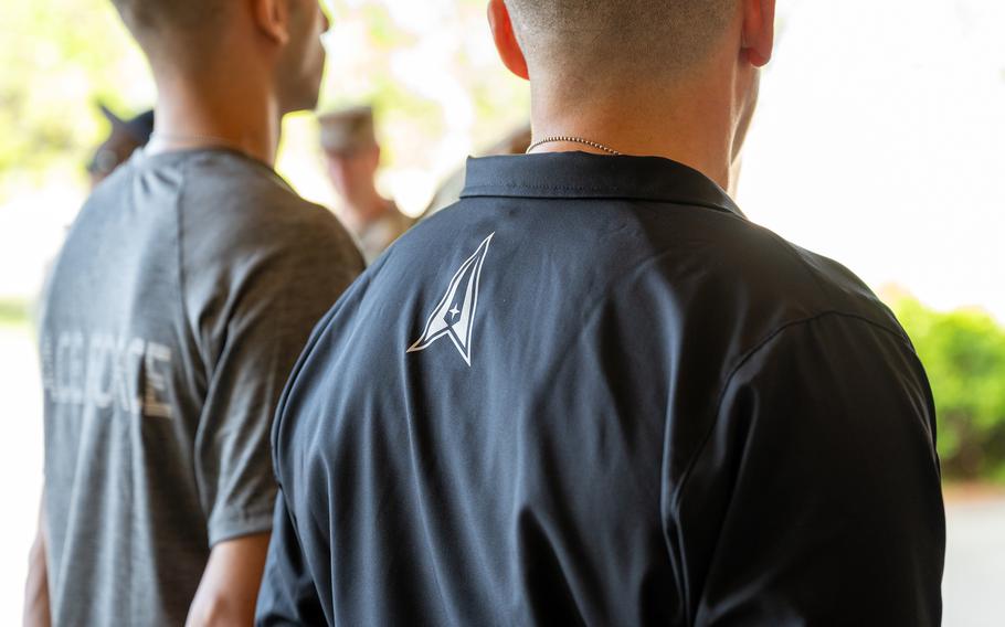 Trainees try on the Space Force's new physical training uniforms at Joint Base San Antonio-Lackland, Texas, on March 8, 2024.