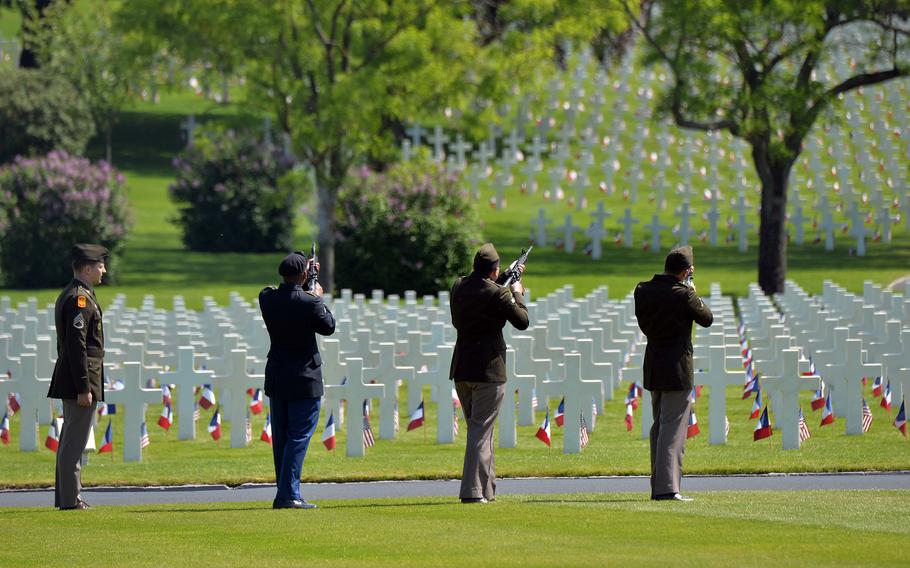 A U.S. Army firing detail participates at the Memorial Day ceremony at Lorraine American Cemetery in St. Avold, France, May 28, 2023.