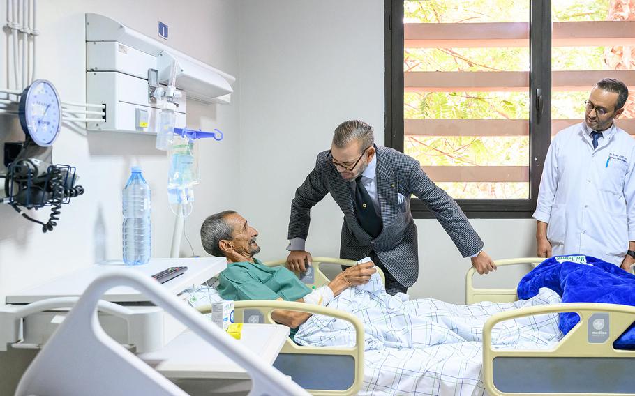 Morocco's King Mohammed VI visit victims of the important earthquake, in Marrakesh, Morocco, on Sept. 12, 2023. 