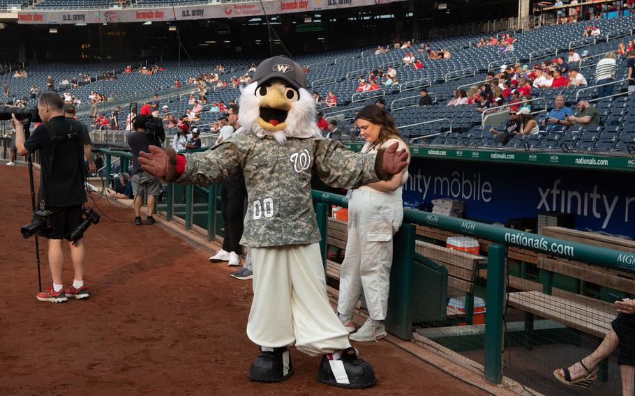 Nationals mascot Screech during U.S. Army Day at Nationals Park in Washington, D.C., on Friday, June 16, 2023. The Nationals hosted the Miami Marlins.