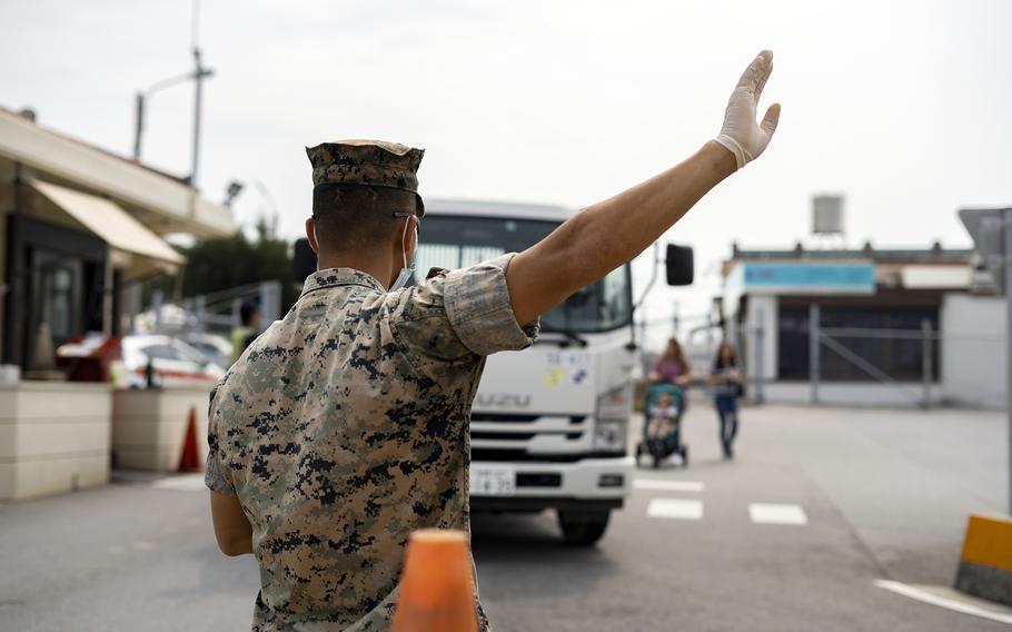 A vehicle enters Camp Foster, Okinawa, April 3, 2020. 