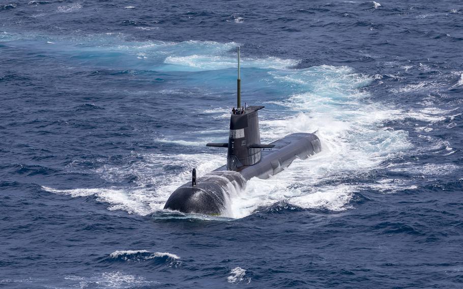 In this handout image provided by the Australian Defence Force, Royal Australian Navy submarine HMAS Rankin is seen during AUSINDEX 21, a biennial maritime exercise between the Royal Australian Navy and the Indian Navy on Sept. 5, 2021, in Darwin, Australia.