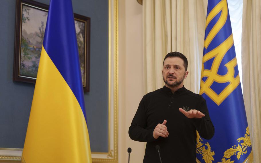 Volodymyr Zelenskyy speaks to journalists.