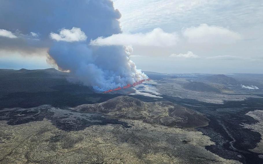 A volcano spews lava and smoke as it erupts near Grindavik, on Reykjanes Peninsula, Iceland, May 29, 2024. 