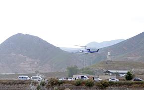 In this photo provided by Islamic Republic News Agency, IRNA, the helicopter carrying Iranian President Ebrahim Raisi takes off at the Iranian border with Azerbaijan after President Raisi and his Azeri counterpart Ilham Aliyev inaugurated dam of Qiz Qalasi, or Castel of Girl in Azeri, Iran, Sunday, May 19, 2024. A helicopter carrying President Raisi suffered a "hard landing" on Sunday, Iranian state media reported, without elaborating. (Ali Hamed Haghdoust/IRNA via AP)