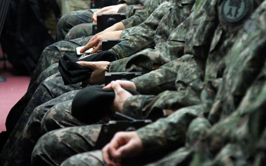 Cadets from the Korea Military Academy attend a briefing while training at Camp Humphreys, South Korea, Jan. 21, 2020.