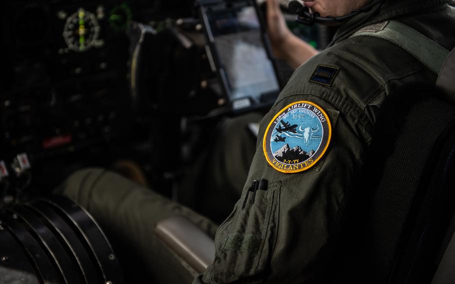 Capt. Tanner Knott, a C-130 Hercules pilot with the Montana Air National Guard's 120th Airlift Wing, flies a simulated medical evacuation over Romania on June 6, 2023.