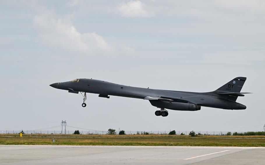 A U.S. B-1B Lancer from the 7th Bomb Wing, Dyess Air Force Base, Texas, lands at Mihail Kogălniceanu Air Base, Romania, June 12, 2023.