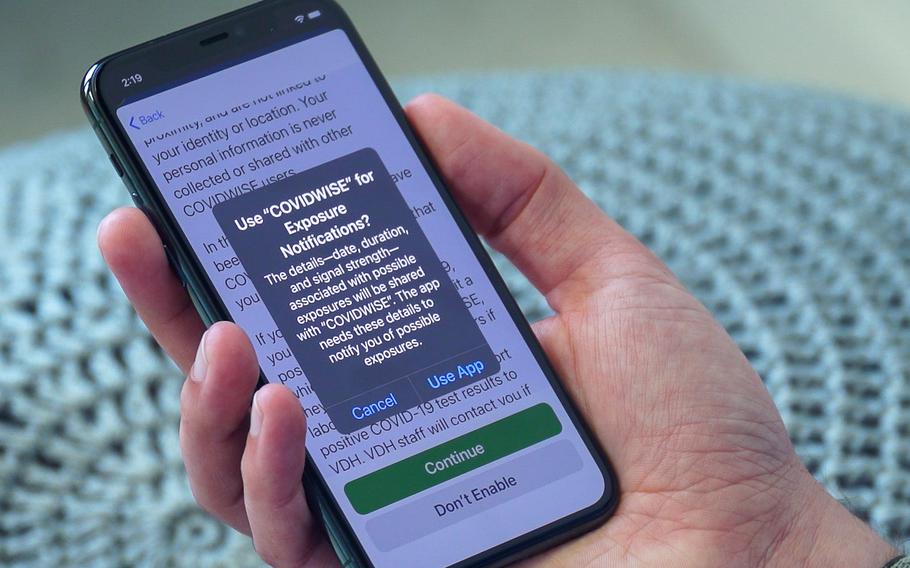 Covidwise, like other exposure notification apps produced by state health authorities, makes use of special Bluetooth capabilities Google and Apple built into their smartphone operating systems. MUST CREDIT: Washington Post photo by Jonathan Baran