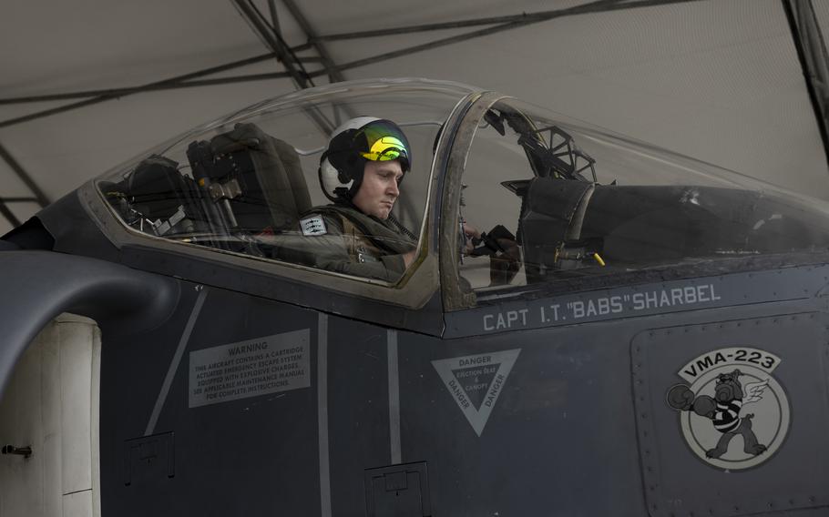 U.S. Marine Corps Capt. Joshua Corbett, a native of New Jersey and a student naval aviator with the AV-8B Fleet Replacement Detachment (FRD), conducts preflight checks prior to a flight at Marine Corps Air Station Cherry Point, N.C., Wednesday, March 27, 2024.
