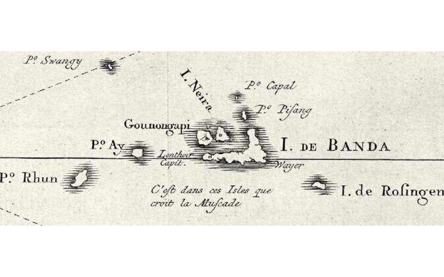 Excerpt of the 1753 ‘Map of Ceram, Ambon and the Banda Islands’ focused on the Banda Islands. It has a note in French that says: ‘C’est dans ces Isles que croit la Muscade’ (‘It is on these Isles that the Nutmeg grows’).