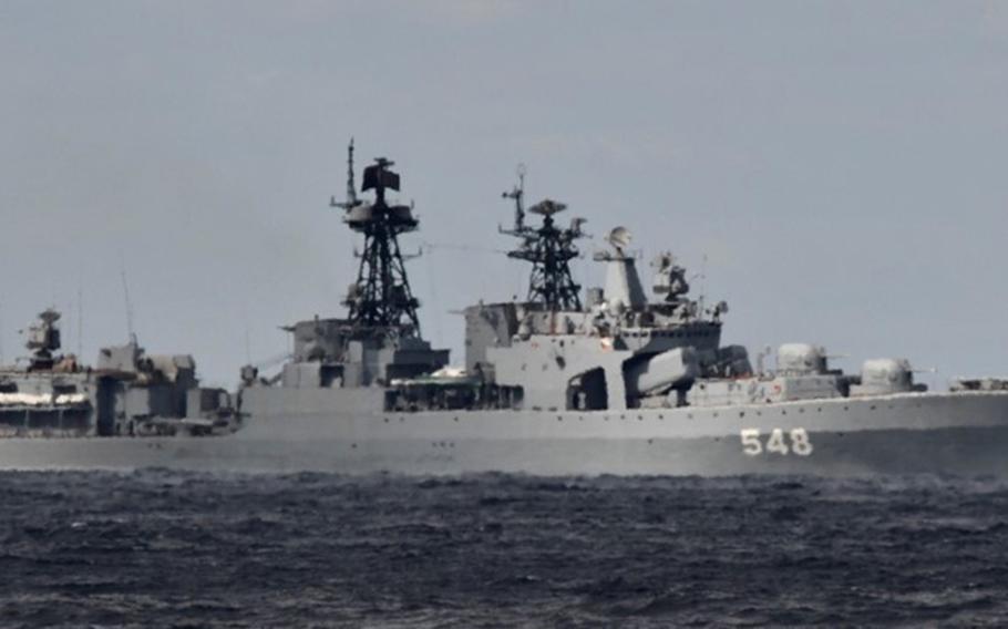 A Russian navy destroyer sails through the Tsugaru Strait between Japan’s Honshu and Hokkaido islands, Monday, Oct. 18, 2021. 