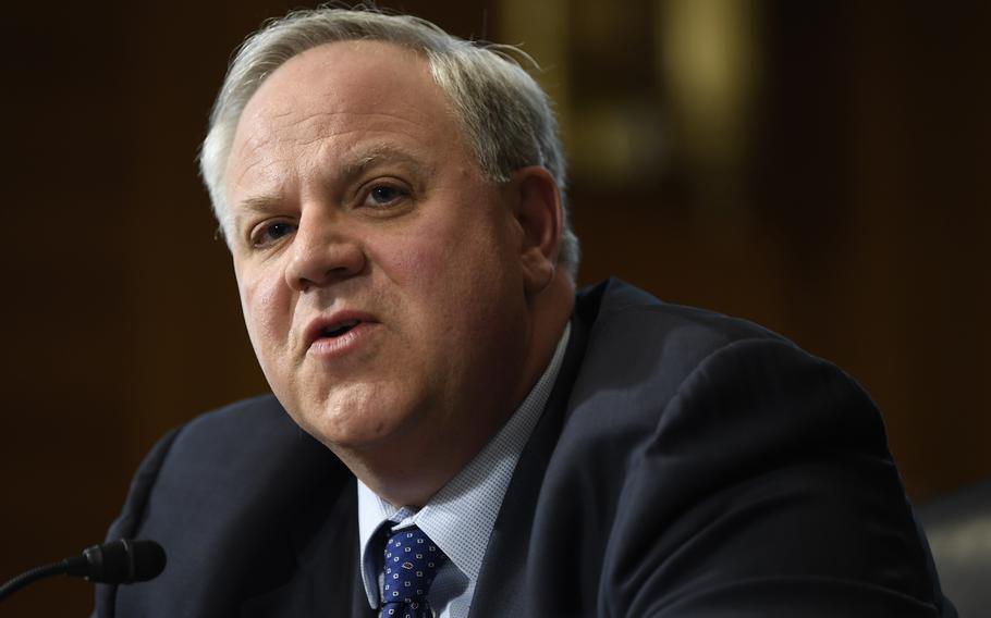 In this March 10, 2020, file photo, Interior Secretary David Bernhardt testifies before the Senate Energy and Natural Resources Committee on the FY’21 budget in Washington. Democrats on the House Natural Resources Committee on Wednesday, May 11, 2022, asked the Justice Department to investigate whether Bernhardt engaged in possible criminal conduct while helping an Arizona developer get a crucial permit for a housing project.