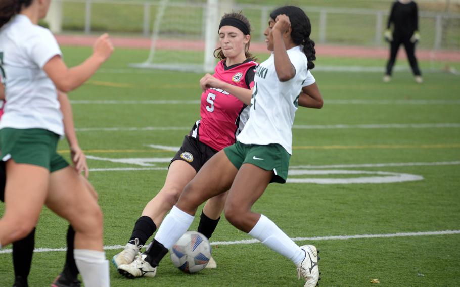 Kadena defenseman Emma Simpson will be one of many who will try to hold the Pacific's leading goal scorer last season, Solares Solano of Kubasaki, in check. Both are juniors.