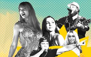 Clockwise, from left: Taylor Swift, Olivia Rodrigo, Luke Combs, Miley Cyrus and Morgan Wallen.