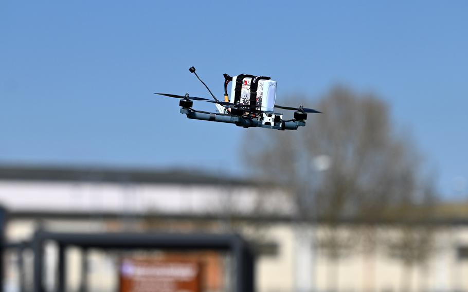 A soldier-made first-person view drone flies at Clay Kaserne.