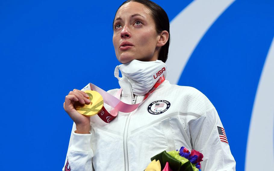 Army Sgt. 1st Class Elizabeth Marks, 31, of Colorado Springs, Colo., won Tokyo Paralympics gold in women’s 100-meter backstroke S6, with a record time of 1:19.57 on Friday, Sept. 3, 2021. 