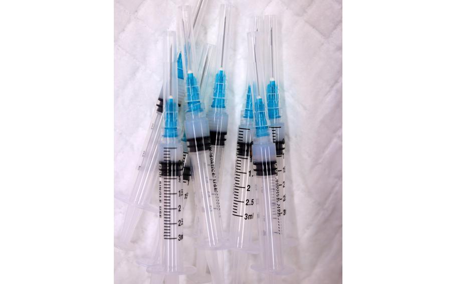 Syringes loaded with doses of the Moderna coronavirus vaccine are ready to be used on May 21, 2021 in Wheaton, Md.