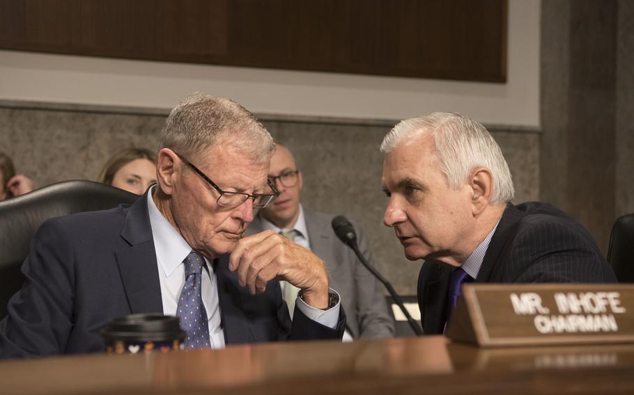 Oklahoma Sen. James Inhofe, the ranking Republican on the Senate Armed Services Committee, and Sen. Jack Reed, D-R.I., the committee chairman, speak during a confirmation hearing in July 2019. The committee voted Thursday, June 16, 2022, to recommend a $45 billion increase to fiscal 2023 military spending, bumping up the White House’s proposed national defense budget to $847 billion.