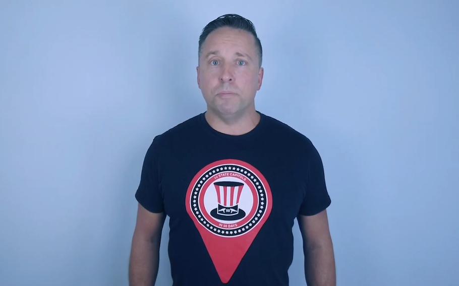 Darren Hafford, a veteran of the Army and the Marine Corps, is nearing the end of a fundraiser to do 50 push-ups in all 50 state capitols to raise awareness of combat veteran suicides. While in Topeka, Kan., on Thursday, Aug. 19, 2021, he provided a tip to the Topeka Police Department that led to the rescue of an 86-year-old woman who was abducted.