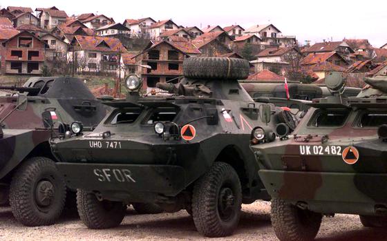 Camp Doboj, Bosnia and Herzegovina, Mar. 10, 2000: NORDIC Battle Group and SFOR tanks and houses in the town of Doboj show off their corresponding. Camp Doboj is the base camp for the NORDIC Battle Group. Comprised of military units from Denmark, Lithuania, Latvia, Poland, Estonia, Norway, Finland and Sweden, the battle group takes the lead on keeping the peace in the area, with contributions from SFOR members.

Looking for Stars and Stripes’ historic coverage? Subscribe to Stars and Stripes’ historic newspaper archive! We have digitized our 1948-1999 European and Pacific editions, as well as several of our WWII editions and made them available online through https://starsandstripes.newspaperarchive.com/

META TAGS: Bosnia and Herzegovina; NATO; SFOR; peacekeeping; 