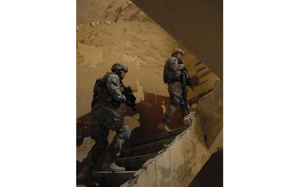 Hed: Searching for insurgents, 2008

Baghdad, Iraq, Mar. 15, 2008: Pfc. Chase Webb, 19, (right) and Spc. Walt Vansciver, 32, search the upstairs of a building while looking for insurgents in the Abu Saif area of Baghdad. Soldiers with Blackfoot Troop, 3rd Squadron 89th Cavalry Regiment and Company C, 2nd Battalion, 30th Infantry Regiment raided the four-story building after a source tipped them off.

META TAGS: Wars on Terror; U.S. Army; Operation Iraqi Freedom; Blackfoot Troop, 3rd Squadron 89th Cavalry Regiment and Company C, 2nd Battalion, 30th Infantry Regimen