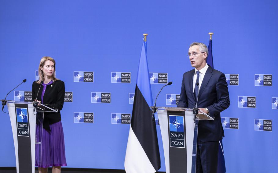 NATO Secretary-General Jens Stoltenberg and Estonian Prime Minister Kaja Kallas talk to reporters after a meeting in Brussels, May 25, 2021. Stoltenberg said Russia is continuing with a ''pattern of aggressive behavior'' toward Ukraine. 