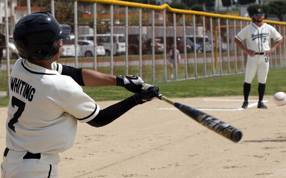 Humphreys' Christian Whiting makes contact during Monday's Far East Division I baseball action. The Blackhawks lost twice, to Kadena 7-5 and 14-1 to American School In Japan.
