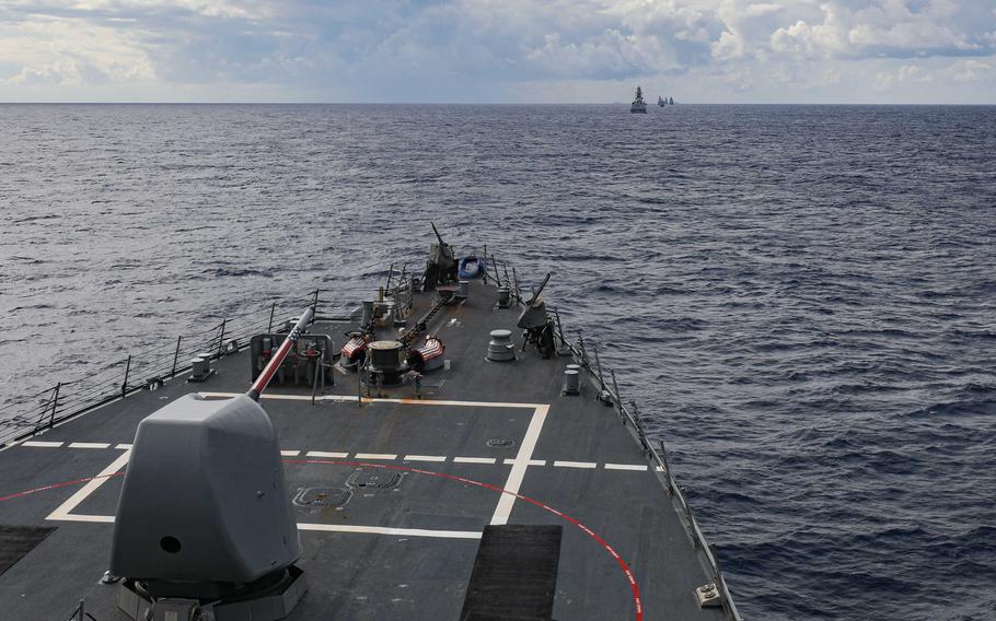 The destroyer USS Porter participates in ship formation maneuvering exercises while the Italian navy conducts live fire gunnery exercises as part of Mare Aperto on Oct. 13, 2021. 