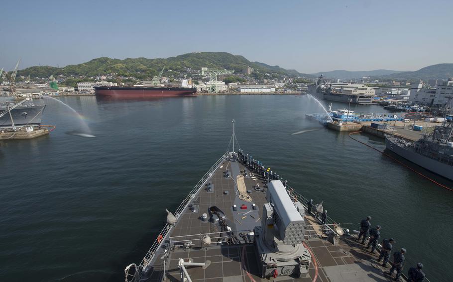 Sasebo Naval Base, Japan, shown here from the deck of USS Ashland in April 2014, was preparing for the arrival Aug. 10, 2023, of Tropical Storm Khanun.