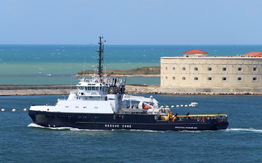 Rescue tug Spasatel Vasily Bekh, part of Russia’s Black Sea Fleet, shown in July 23, 2021. Turkey has begun an investigation into the origin of grain aboard a Russian ship anchored off its Black Sea port of Karasu after Ukraine said the cargo was stolen.