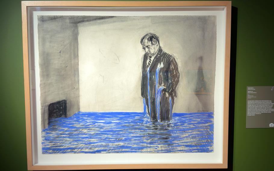 A painting appears to show a man standing in a room filled with water up to his knees.