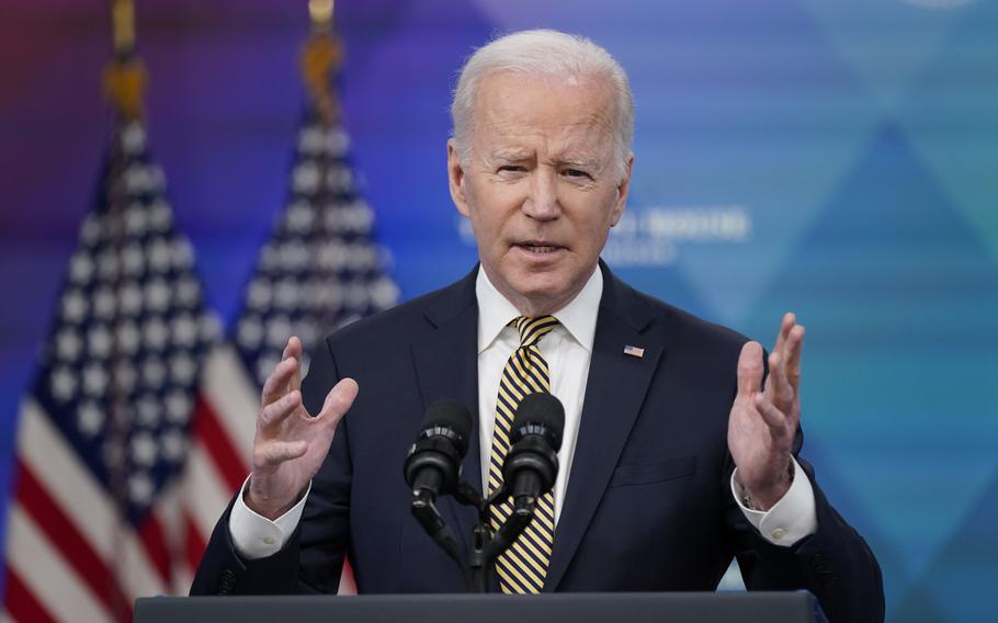 President Joe Biden speaks about additional security assistance that his administration will provide to Ukraine in the South Court Auditorium on the White House campus in Washington, Wednesday, March 16, 2022.
