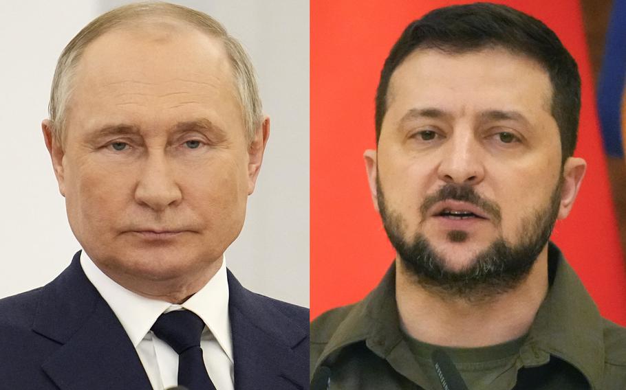 Russian President Vladimir Putin at the Kremlin in Moscow, on April 26, 2022, and Ukrainian President Volodymyr Zelenskyy in Kyiv, Ukraine, on May 8, 2022. An interminable and unwinnable war in Europe? That’s what NATO leaders fear and are bracing for as Russia’s war in Ukraine grinds into its third month with little sign of a decisive military victory for either side, and no resolution in sight.