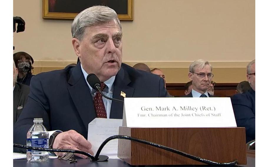 Retired Gen. Mark Milley, the former chairman of the Joint Chiefs of Staff, speaks to the House Foreign Affairs Committee about the U.S. withdrawal from Afghanistan on Tuesday, March 19, 2024, at the Capitol in Washington.