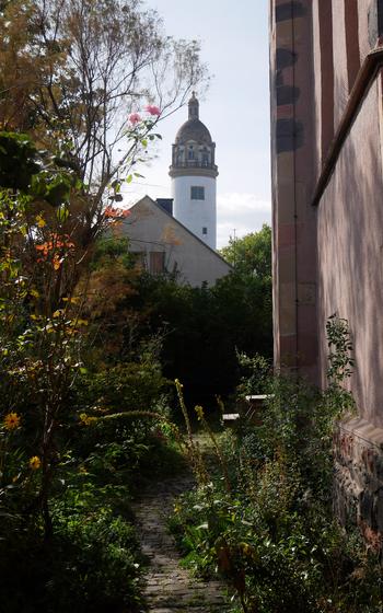 Hoechst Palace’s tower as seen from the herb garden of St. Justin's Church. Known mostly for its chemical industries, Hoechst has a picturesque old town.