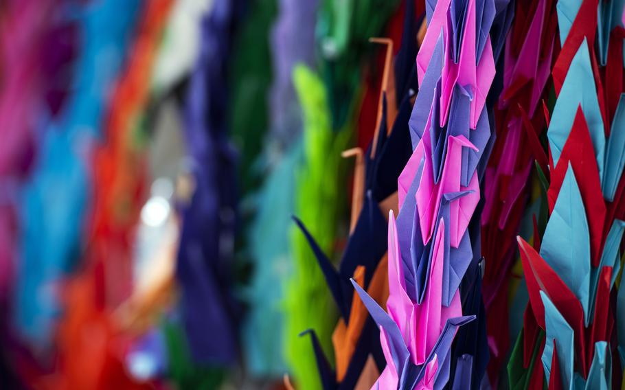 Thousands of origami cranes are displayed at Peace Memorial Park in Hiroshima, Japan, Feb. 28, 2023.