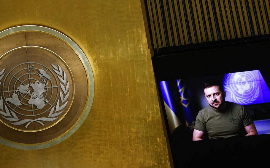 Ukrainian President Volodymyr Zelenskyy from video addresses the 77th session of the United Nations General Assembly, at U.N. headquarters, Wednesday, Sept. 21, 2022.