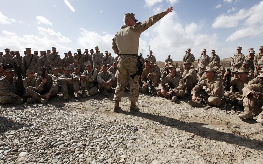 Marine Corps Maj. Gen. John Toolan talks to Marines at Forward Operating Base Musa Qala, Helmand province, Afghanistan, in 2012. 