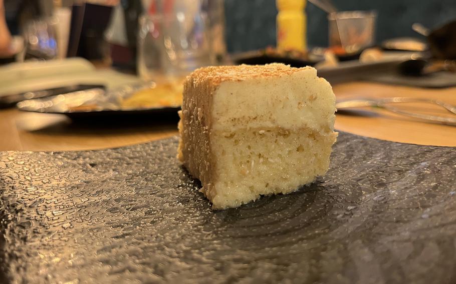 The tres leches cake at Masons, billed as Peruvian, isn't as sweet as some versions found in the Americas. It's among the many small plates available at this all-you-can-eat restaurant in Kaiserslautern, Germany.