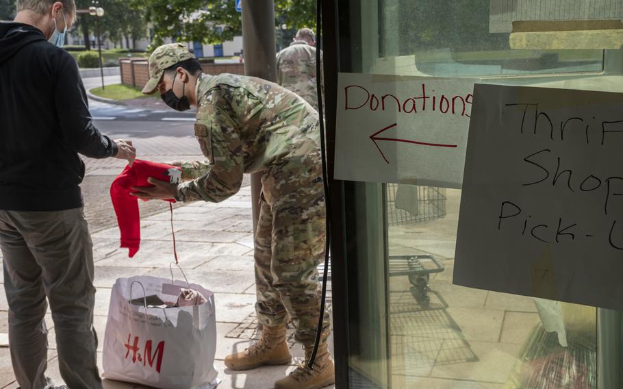 Donations are collected for Afghan refugees at Ramstein Air Base on Thursday, Aug. 26, 2021.