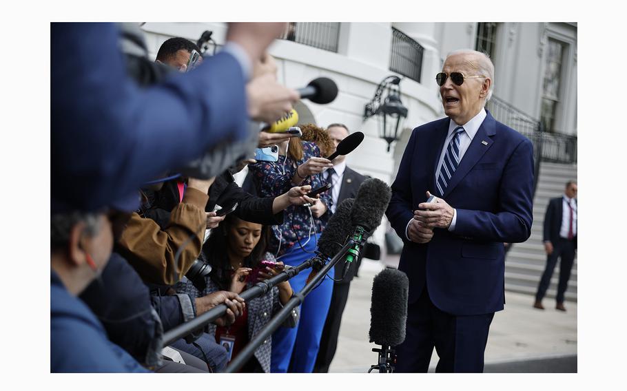 President Joe Biden briefly speaks to reporters as he departs the White House on April 25, 2024 in Washington, D.C. 