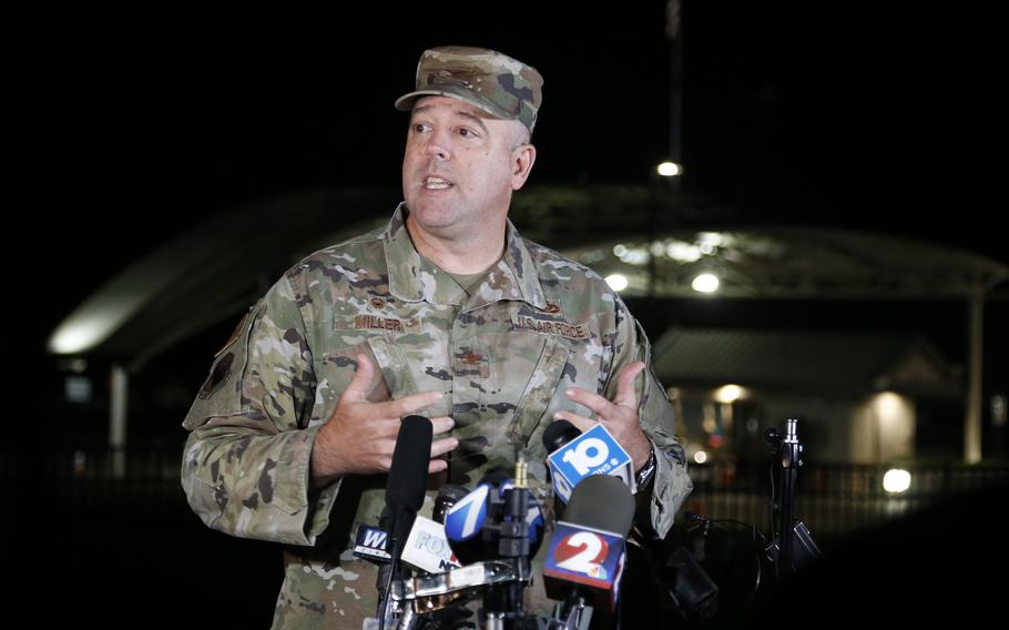 Colonel Patrick MIller, 88th Air Base Wing and Installation Commander, answers questions after a lockdown at Wright-Patterson Air Force Base on Friday, Sept. 10, 2021, in Dayton, Ohio.