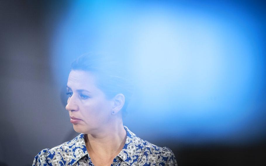 Denmark’s Prime Minister Mette Frederiksen, looks on, during a coronavirus briefing in Copenhagen on Wednesday, June 2022.