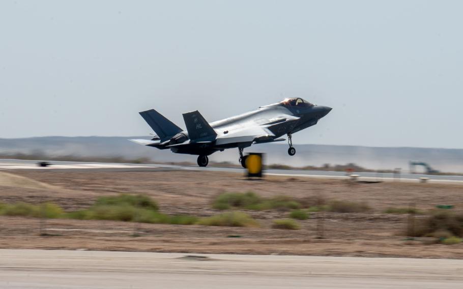 An Air Force F-35A Lightning II lands at a base in the U.S. Central Command area of responsibility July 25, 2023. An F-35 squadron from Hill Air Force Base in Utah arrived this week for a Middle East deployment. 