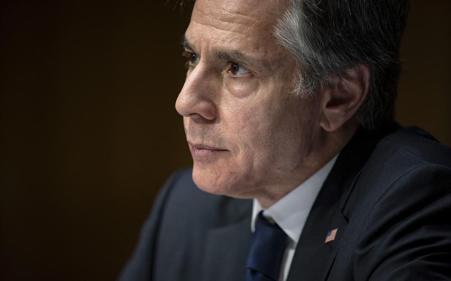 Secretary of State Antony Blinken testifies during a Senate Foreign Relations committee hearing, April 26, 2022, on Capitol Hill in Washington. 