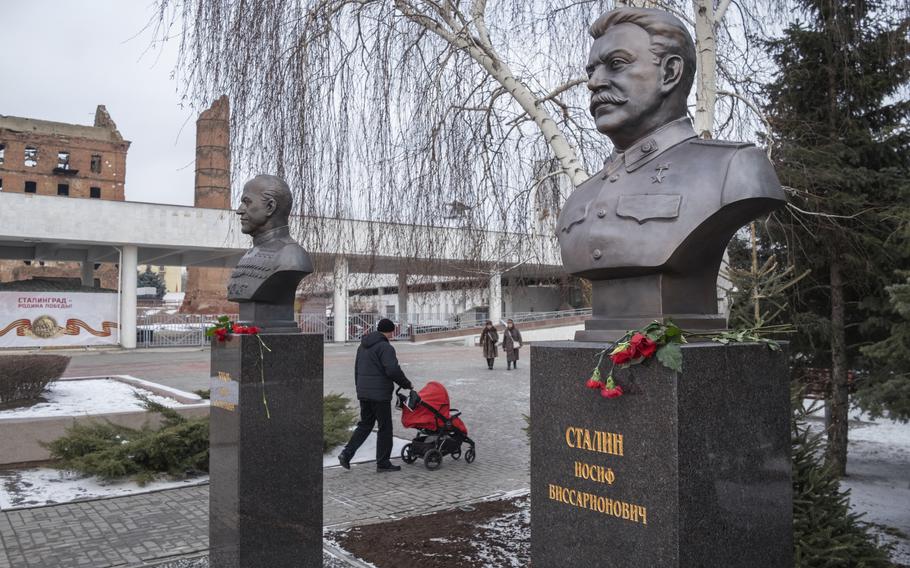 Flowers at a newly opened monument to the Soviet dictator Joseph Stalin on an embankment of the Volga River by the entrance to the Museum of the Battle of Stalingrad, in Volgograd, Russia, on Feb. 3, 2023. 