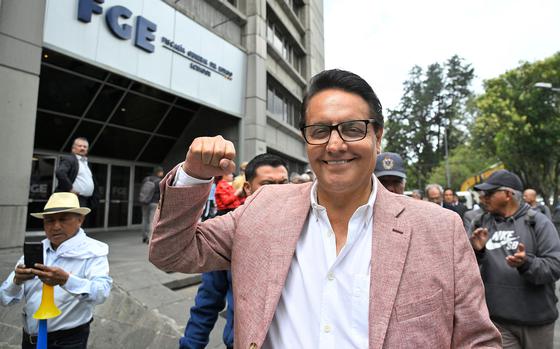 Presidential candidate Fernando Villavicencio gestures outside the attorney general's office in Quito, Ecuador, on Aug. 8, 2023. 